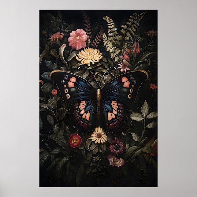 Schwarzer Schmetterling im dunklen Blumengarten, m Poster (Vorne)