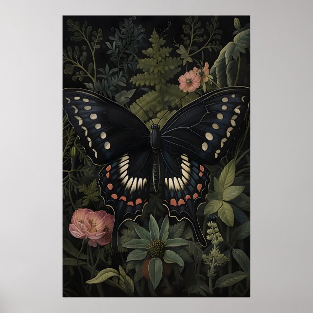 Schwarzer Schmetterling im dunklen Blumengarten, m Poster (Vorne)