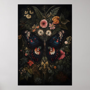Schwarzer Schmetterling im dunklen Blumengarten, m Poster