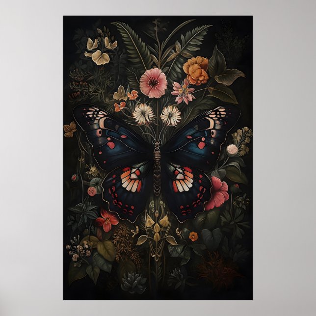 Schwarzer Schmetterling im dunklen Blumengarten, m Poster (Vorne)