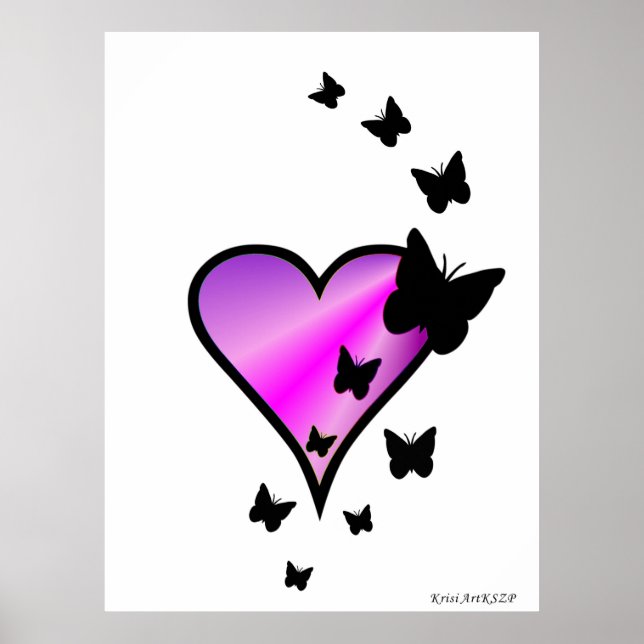 Schwarzer Schmetterling im Regenbogenherz Poster (Vorne)