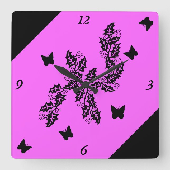 Schwarzer Schmetterling in Rosa Quadratische Wanduhr (Vorderseite)