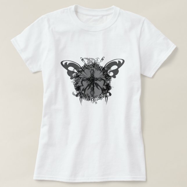 Schwarzer Schmetterling Kreuz Blume Rahmen floral T-Shirt (Design vorne)