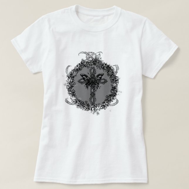 Schwarzer Schmetterling Kreuz Blume Rahmen floral T-Shirt (Design vorne)