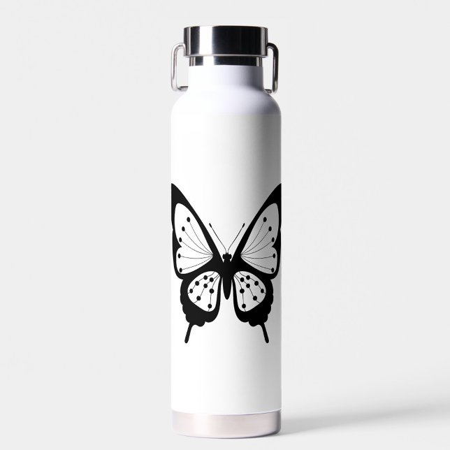 Schwarzer Schmetterling Trinkflasche (A sleek, modern water bottle featuring a striking black butterfly design on a white background.)