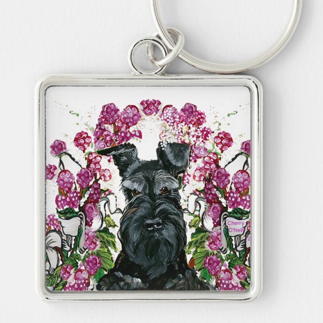 Schwarzer Schnauzer-Blumenstrauß Schlüsselanhänger (Vorne)