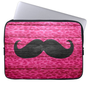 Schwarzer Schnurrbart auf Hot Pink Leopard Holz Laptopschutzhülle