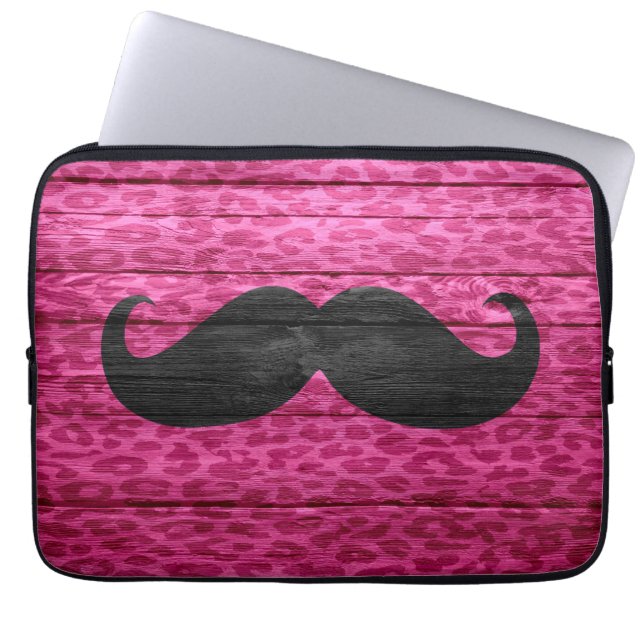 Schwarzer Schnurrbart auf Hot Pink Leopard Holz Laptopschutzhülle (Vorderseite)