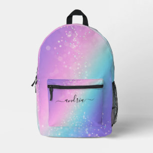 Schwarzer Schriftname, Bokeh-Sterne lila & blau Bedruckter Rucksack