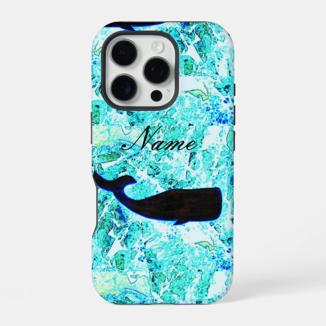 schwarzer schwimmender Wal blau iPhone Hülle (Rückseite)
