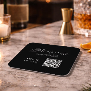 Schwarzer Signature-Cocktail-QR-Code-Hochzeitsunte Rechteckiger Pappuntersetzer