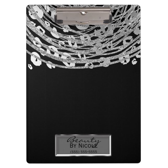 Schwarzer Silber Gepard Leopard Glam Personalisier Klemmbrett (Vorderseite)