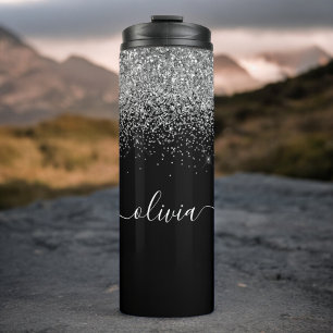 Schwarzer Silber Glitter Girly Fitness Monogramm N Thermosbecher