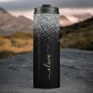 Schwarzer Silber Glitter Mädchen Monogramm Name Thermosbecher