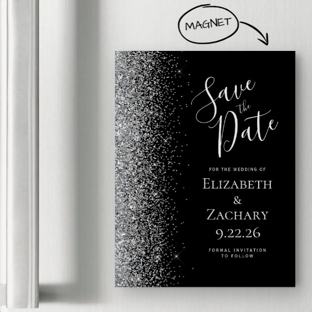 Schwarzer Silber Glitzer Magnetic Save the Date Magnetkarte (Von Creator hochgeladen)