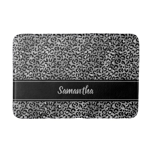 Schwarzer Silber-Grau Leopard Print personalisiert Badematte (Vorderseite)