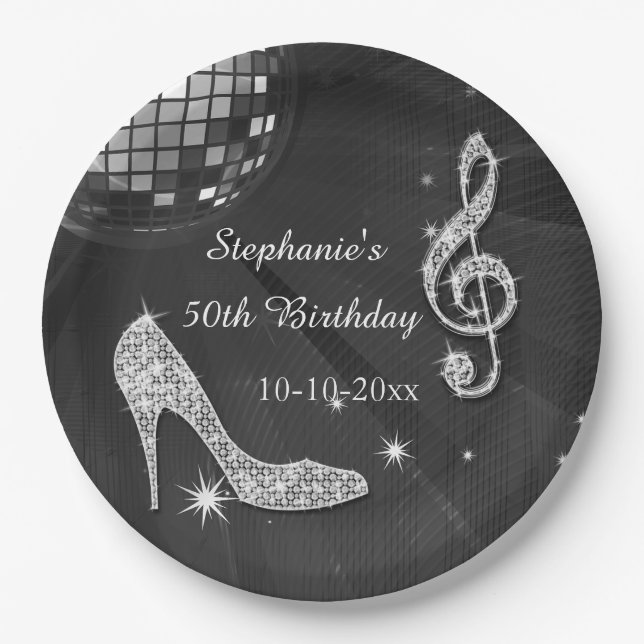 Schwarzer/silberner Disco-Ball und Heels-50. Pappteller (Vorderseite)