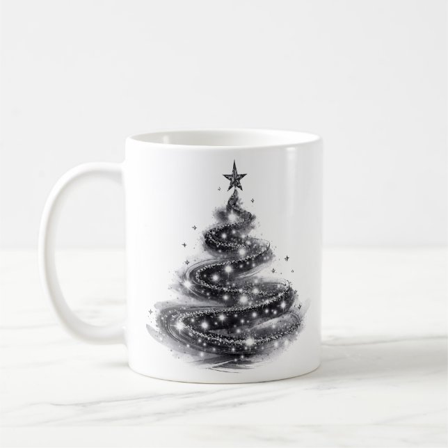 Schwarzer silberner funkelnder Weihnachtsbaum Kaffeetasse (Links)