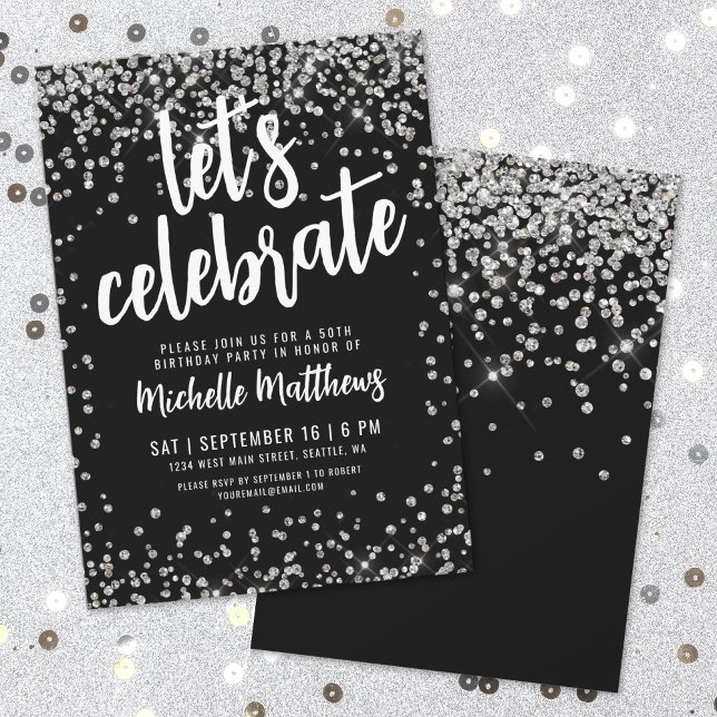 Schwarzer Silberner Glitzer jeden Geburtstag Einladung (Black Silver Glitter Any Age Birthday Invitation)