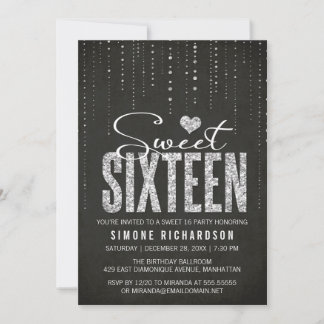 Schwarzer & Silberner Glitzer Sweet 16 Einladung