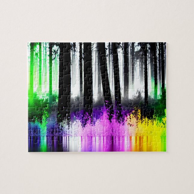 Schwarzer Silhouette-Wald mit Multicolor-Splashes Puzzle (Horizontal)