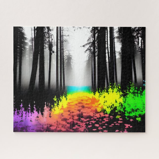 Schwarzer Silhouette-Wald mit Regenbogenfarben Puzzle (Horizontal)