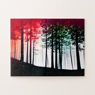 Schwarzer Silhouette-Wald mit Rot für Kinder Puzzle