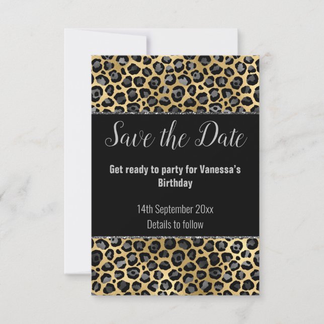 SCHWARZER SILVER GLITZER LEOPARD SAVE THE DATE RSVP KARTE (Vorderseite)