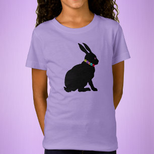 Schwarzer Sitzbunny in Silhouette Form Blume T-Shirt