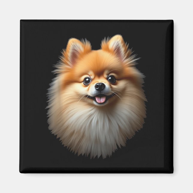 Schwarzer Spitz Dog Pom Gesicht Magnet (Vorne)