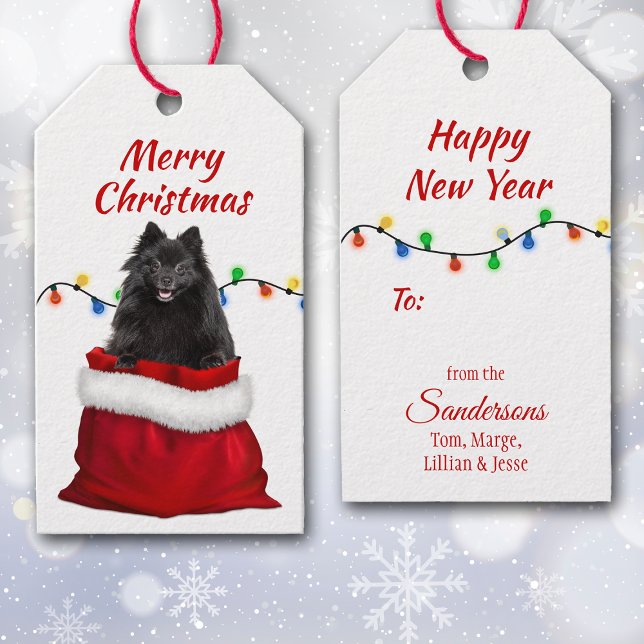 Schwarzer Spitz Hund in Santa Bag Geschenkanhänger (Von Creator hochgeladen)