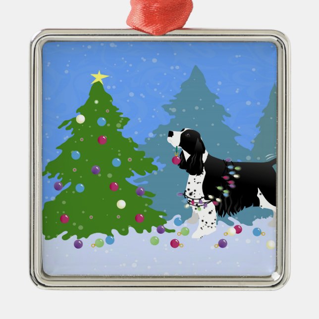 Schwarzer Springer Spaniel Dekorieren Weihnachtsba Ornament Aus Metall (Vorne)