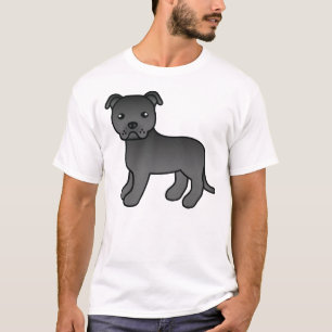 Schwarzer Staffordshire Bull Terrier Cartoon Hund T-Shirt