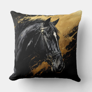 Schwarzer Stallion auf Schwarz und Gold mit Weiß Kissen