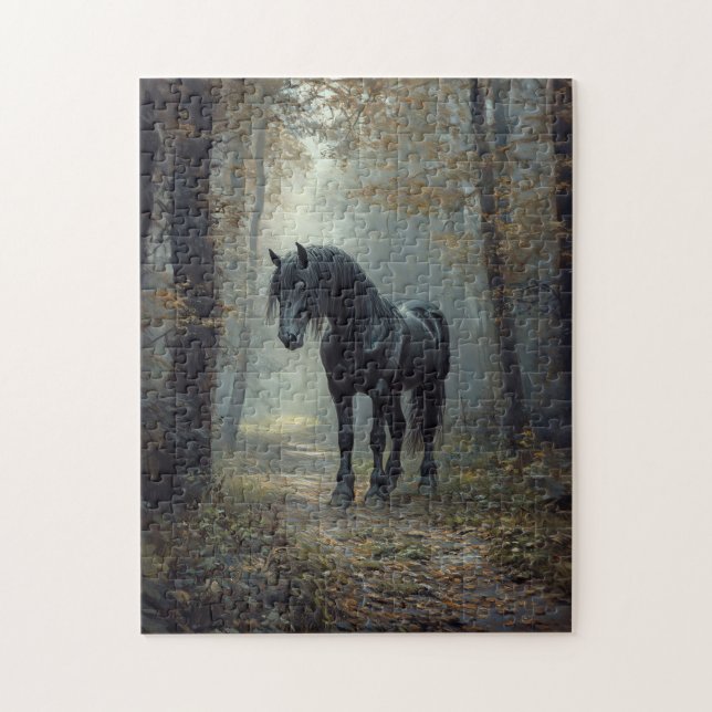 Schwarzer Stallion im Wald Puzzle (Vertikal)