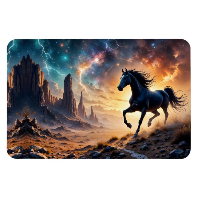 Schwarzer Stallion in der Wüstennebel leuchten Ste Magnet (Horizontal)