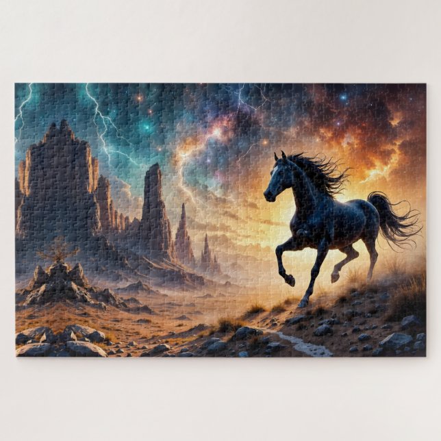 Schwarzer Stallion in der Wüstennebel leuchten Ste Puzzle (Horizontal)