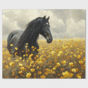 Schwarzer Stallion mit gelben Wildblumen Decoupage Geschenkpapier