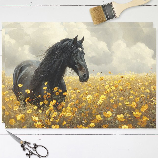 Schwarzer Stallion mit gelben Wildblumen Decoupage Seidenpapier (Von Creator hochgeladen)