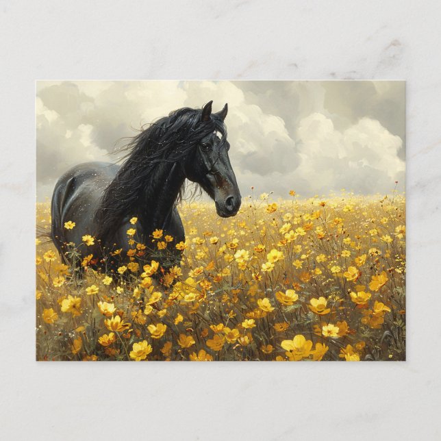 Schwarzer Stallion mit gelben Wildblumen Postkarte (Vorderseite)