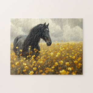 Schwarzer Stallion mit gelben Wildblumen Puzzle