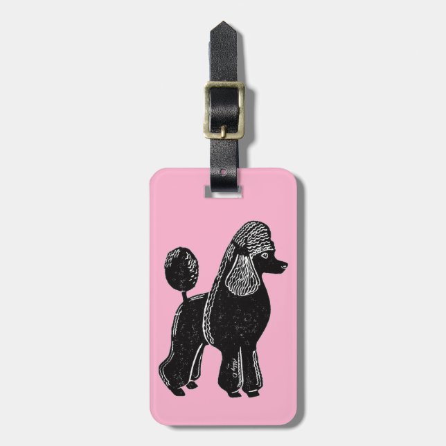 Schwarzer Standard-Poodle mit rosa Gepäckmarke Gepäckanhänger (Vorderseite vertikal)
