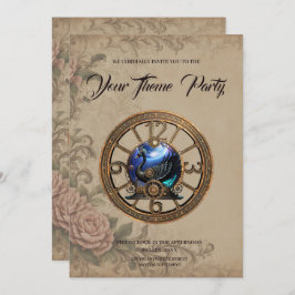 Schwarzer Steampunk mit Uhren und Gängen. Einladung