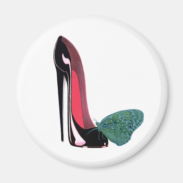 Schwarzer Stiletto High Heel Shoe und grüner Schme Magnet (Vorne)