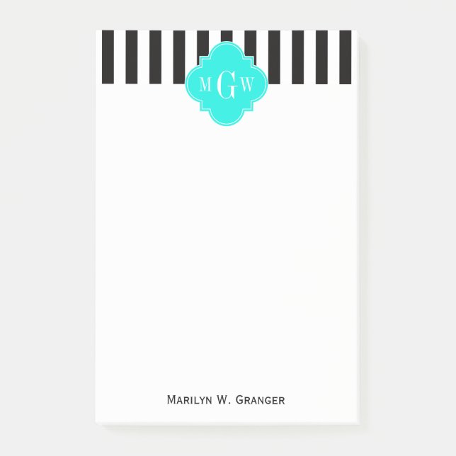 Schwarzer Streifen Bright Aqua Quatrefolie 3 Monog Post-it Klebezettel (Vorderseite)