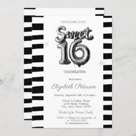 Schwarzer Streifen Silberballon Sweet 16 Einladung