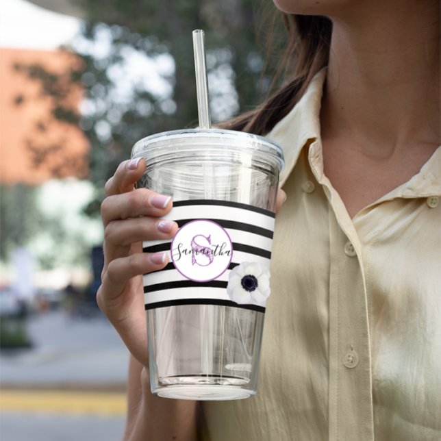 Schwarzer Streifen und Anemone Mit Monogramm Perso Acryltrinkbecher (Von Creator hochgeladen)