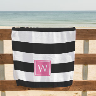 Schwarzer Streifen und rosa Monogramm Strandtuch