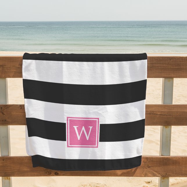 Schwarzer Streifen und rosa Monogramm Strandtuch (Von Creator hochgeladen)
