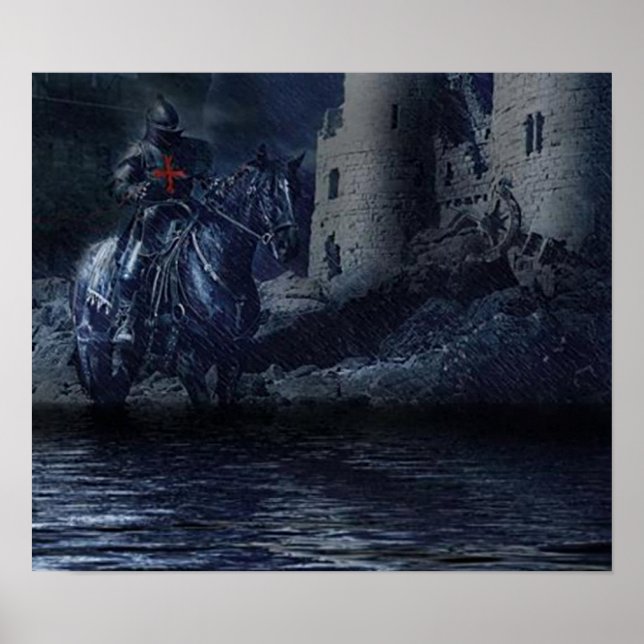 Schwarzer Tempelritter vor einer Burg Poster (Vorne)